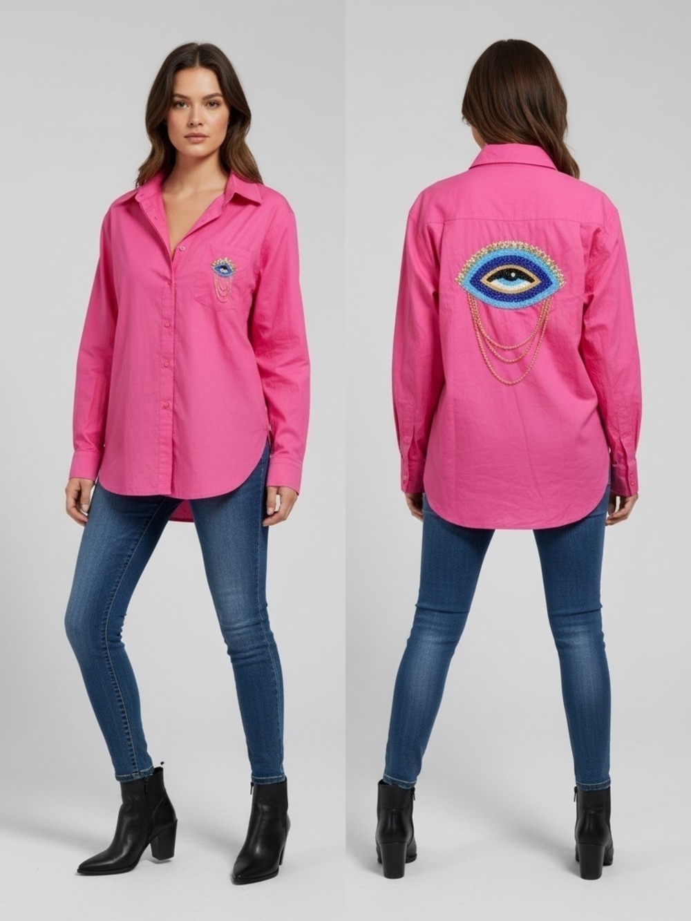 Bright Pink Embellished Button-Down Shirt